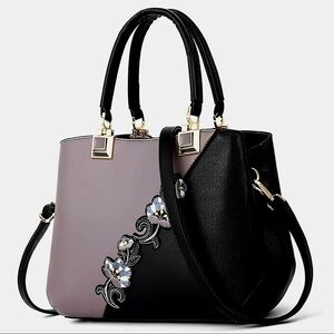 ELDA NWOT Black & Gray Floral Embroidery Daily Use Durable Shoulder & Tote Purse
